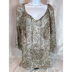 ALYX Sheer GREEN Paisley Print V Neck Bell Sleeve Boho Blouse Women's Top XL